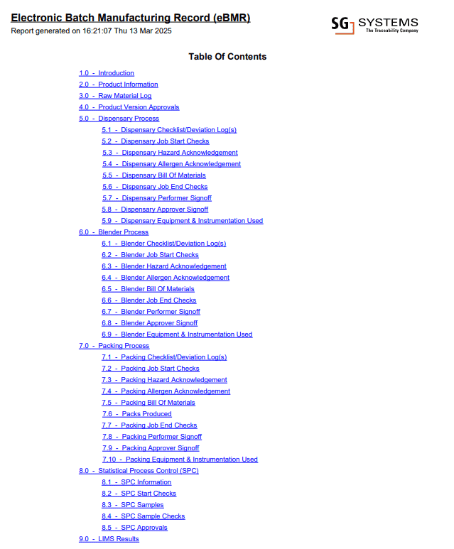 Electronic Batch Manufacturing Record Table of Contents Sample