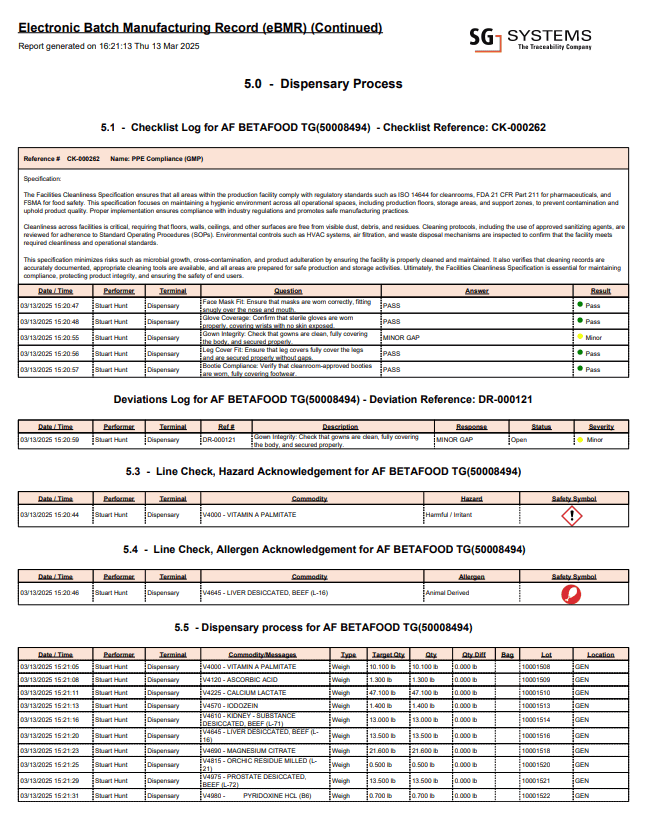 Sample Electronic Batch Manufacturing Record (eBMR) page from SG Systems V5 Traceability - live data capture from shop floor devices