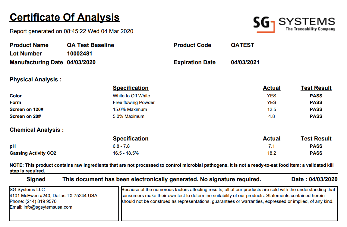 Sample Certificate of Analysis (CoA) layout showing lot-specific tests, specifications, and results