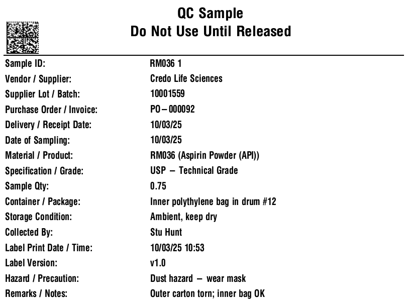 V5 Sample Label for RM Aspirin (API)